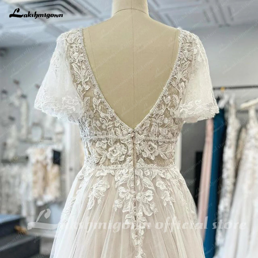 Lakshmigown Lace V-Neck Boho Wedding Dress with Sleeves Vestidos De Fiesta A Line Tulle Beach Wedding Gowns Customized Hochzeit