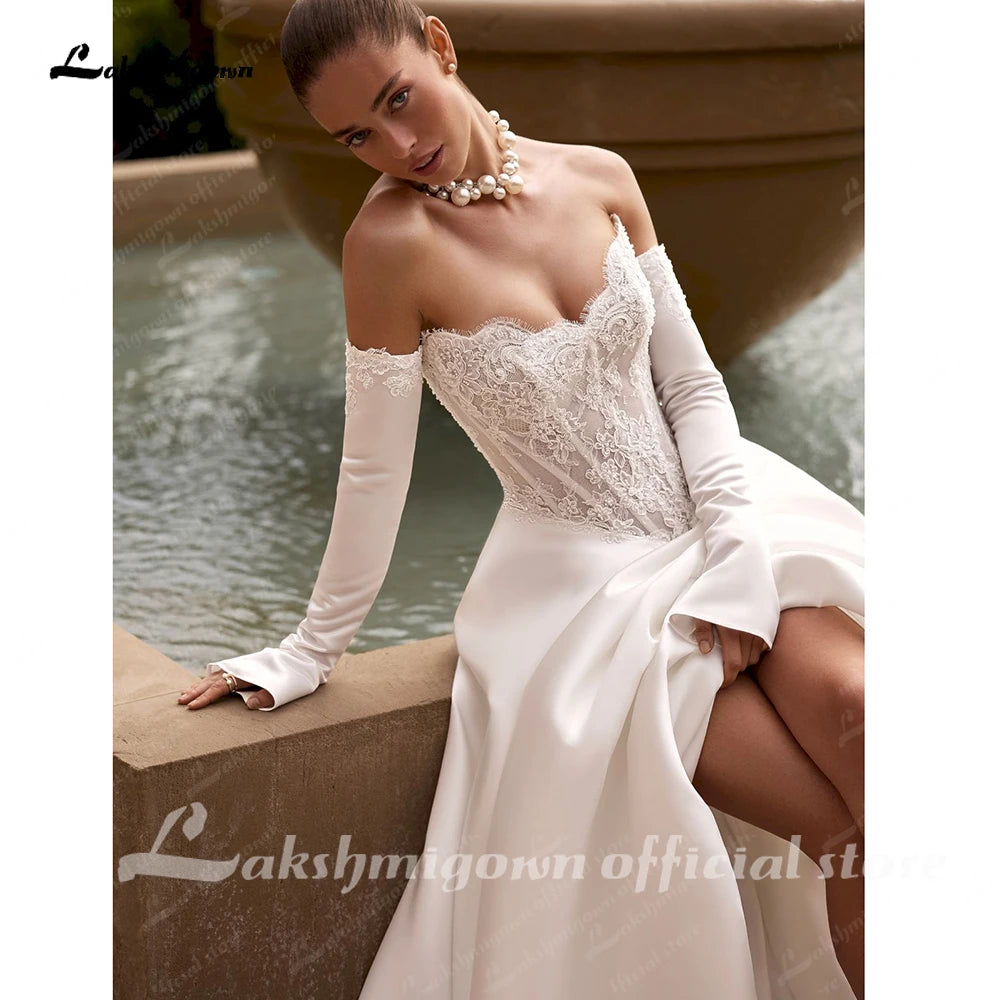 Lakshmigown Strapless Lace Wedding Dresses A Line Satin Court Train Off The Shoulder Brida Vestido De Novia Boda Customized