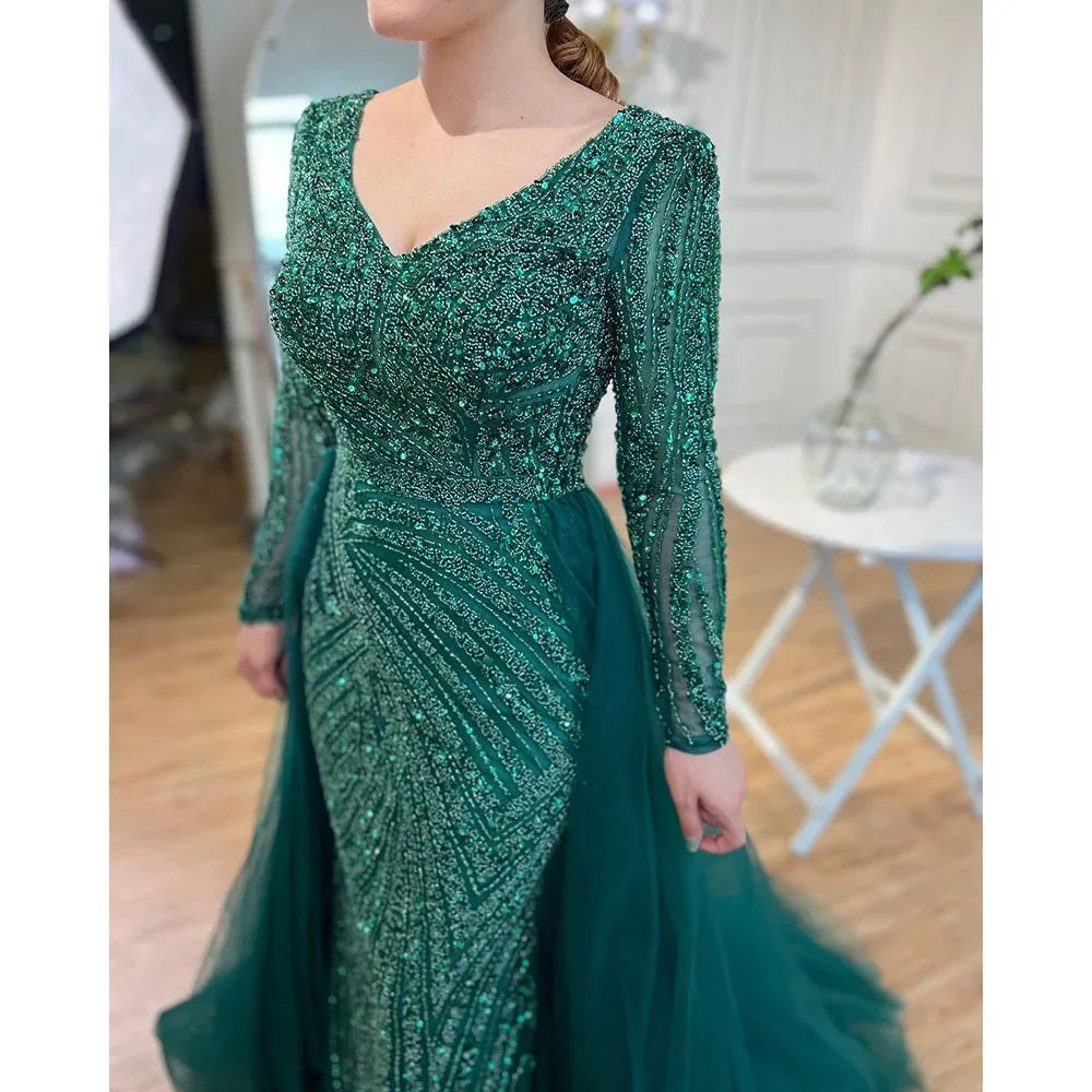 Serene Hill Customized Blue Grey V-Neck Mermaid Beaded Overskirt Evening Dresses Elegant Party Gowns For Women DLA71750