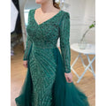 Serene Hill Customized Blue Grey V-Neck Mermaid Beaded Overskirt Evening Dresses Elegant Party Gowns For Women DLA71750