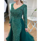 Serene Hill Customized Blue Grey V-Neck Mermaid Beaded Overskirt Evening Dresses Elegant Party Gowns For Women DLA71750