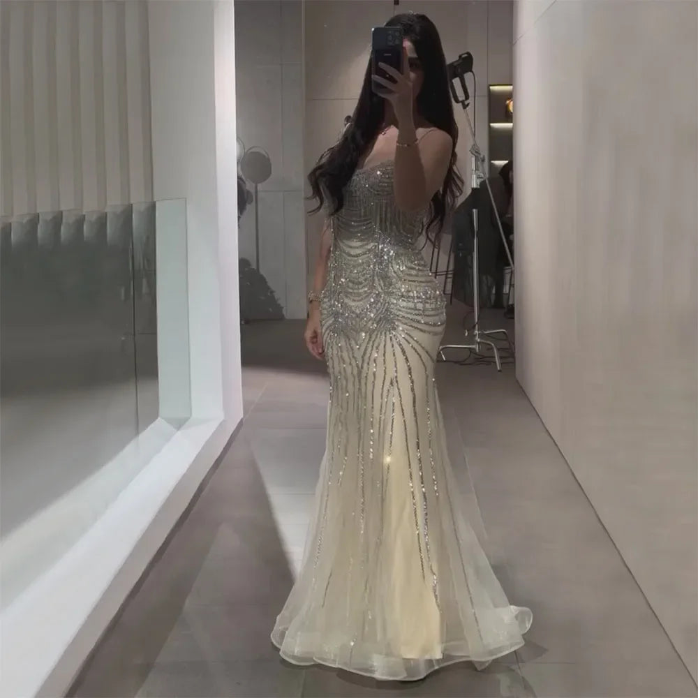 Serene Hill 2025 Elegant Silver Nude Spaghetti Strap Mermaid Evening Dress with  Beaded Tassels for Party DLA72772 Customized
