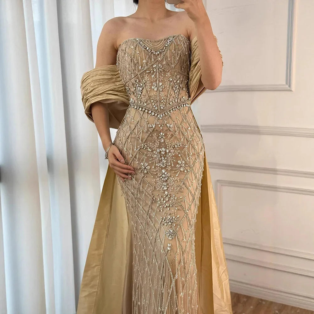Serene Hill Nude Strapless Off Shoulder Mermaid Overskirt Evening Dress Beaded Party Gowns for Women 2025 Customized DLA72819