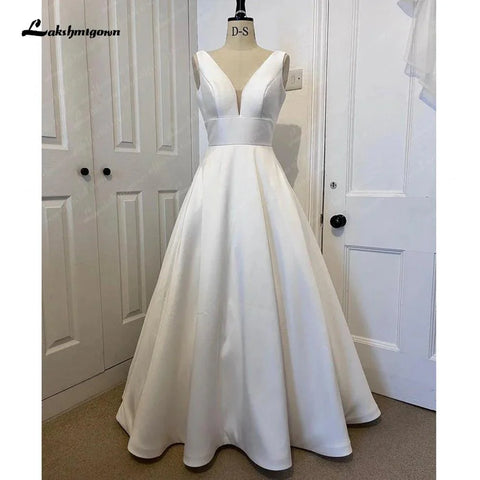 NumberSea V-Ausschnitt Damen Satin Brautkleid 2025 Hochzeit Tiefer V-Ausschnitt Vestidos Zivil Brautkleider Offener Rücken 