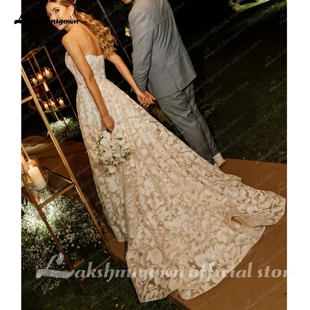 Lakshmigown Full Lace Strapless Wedding Dress Featuring Stunning Lace Appliques and Floral A-Line Bridal Dress Customized