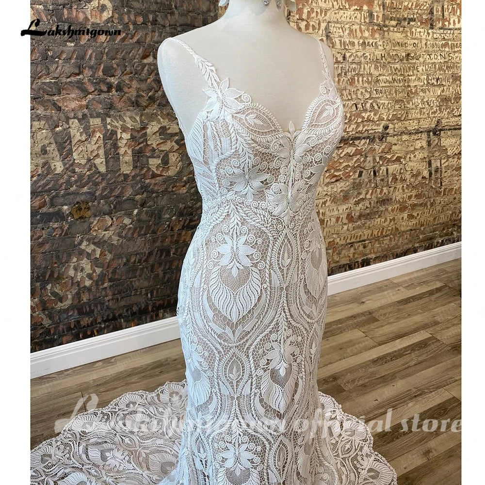 Lakshmigown Spaghetti straps Lace Mermaid Boho Bohemian Wedding Dress with Detachable Sleeve 2026 Bridal Gown Customized