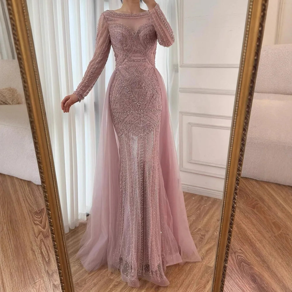 Serene Hill Pink Long Sleeves Mermaid Beaded Evening Dress Formal Party Gowns for Women DLA72967 Customized