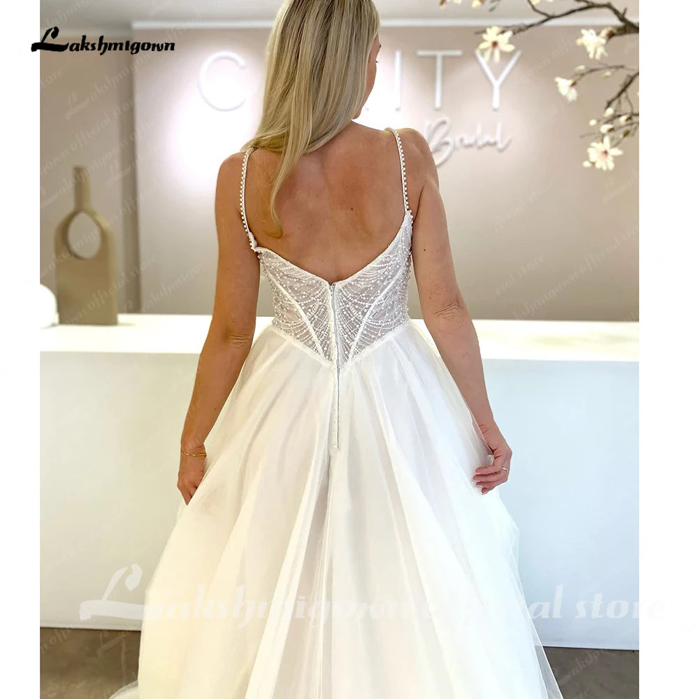 Lakshmigown Spaghetti Straps Wedding Dress for Women Pearls Beads Scoop Neck Tulle A-line Vestidos De Novia Customized