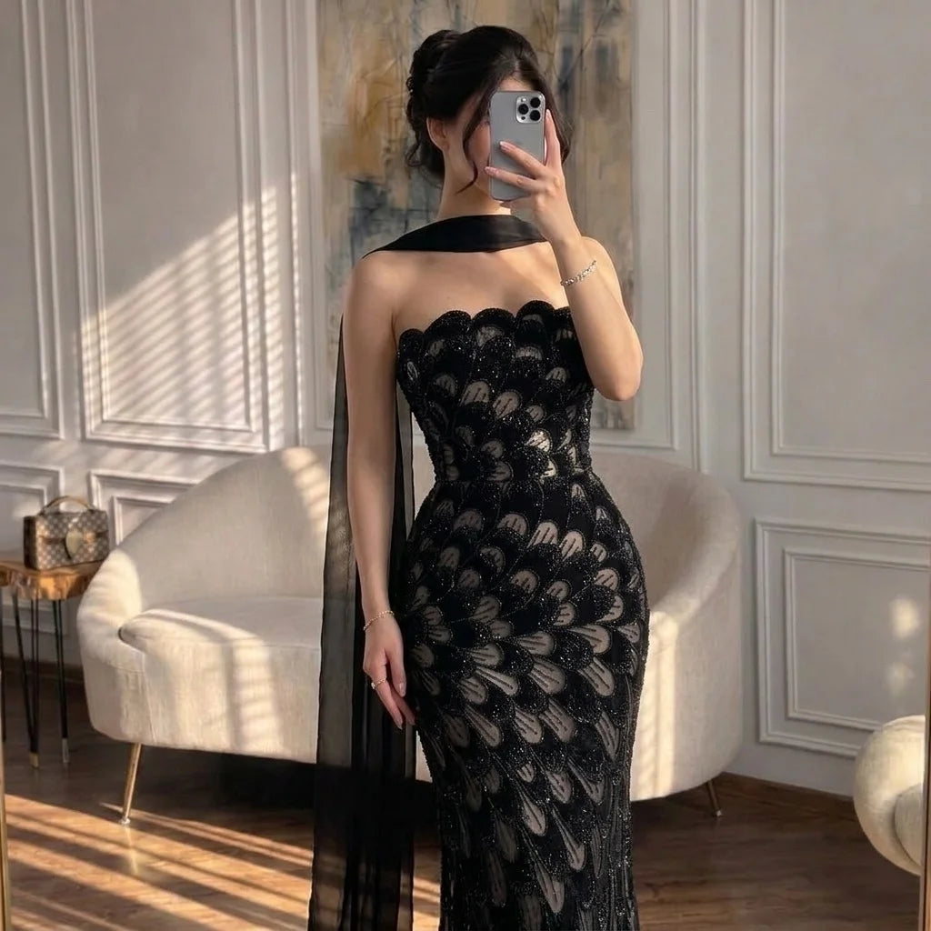 Serene Hill 2026 Black Strapless Mermaid Evening Dress with Scarf Elegant Formal Party Gowns for Women DLA73607 Customizedf