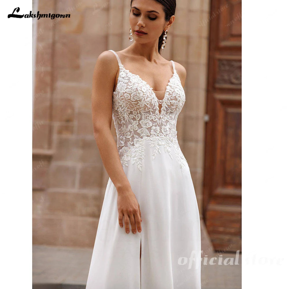 Lakshmigown Puffy Long Sleeve Boho Beach Wedding Dresses 2026 Off Shoulder Lace Chiffon V Neck Bridal Gown Customized