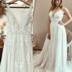 Lakshmigown Boho Lace Applique Elegant Plunging V Modest Wedding Dress Women Beach Robe De Mariage Bride Gowns
