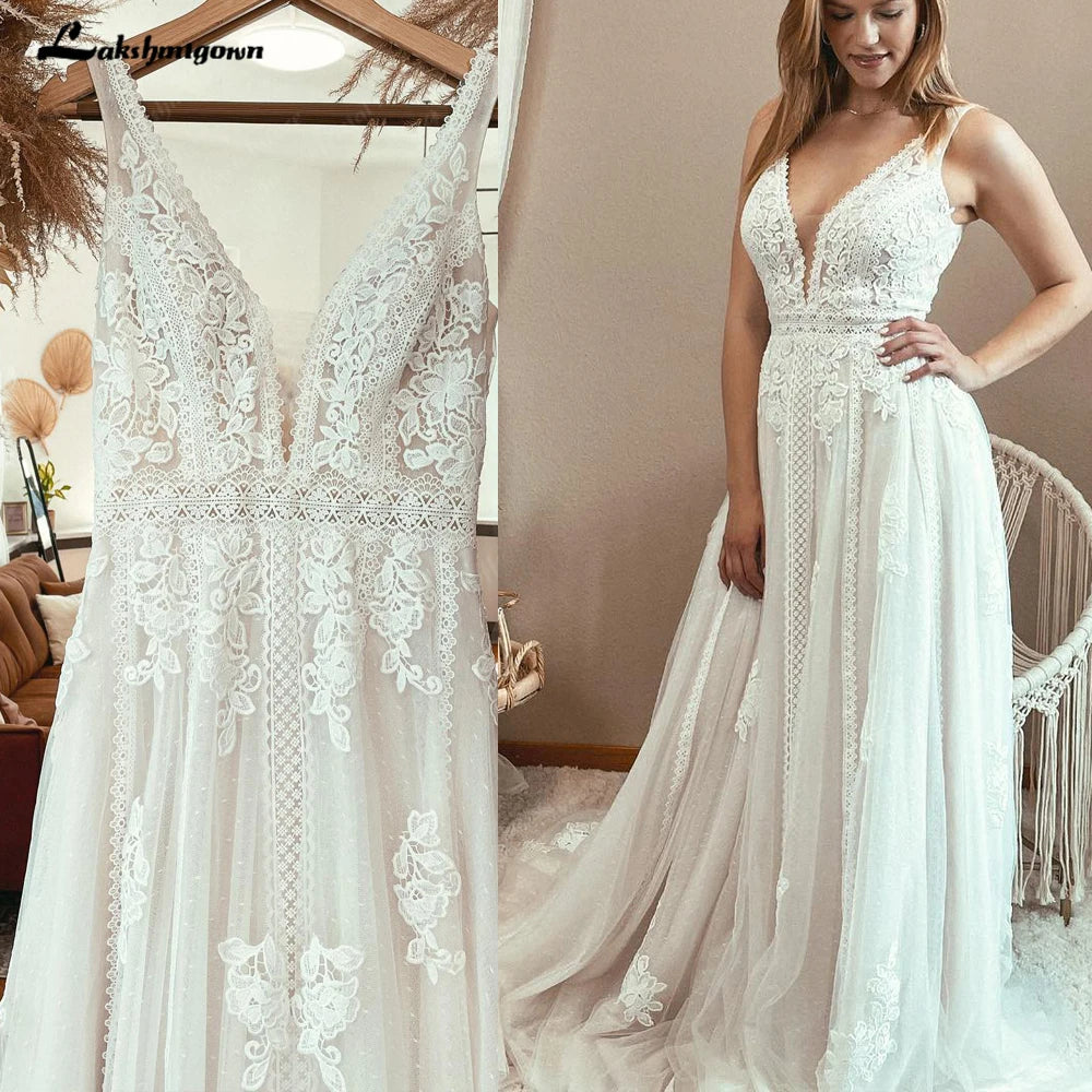 Lakshmigown Boho Lace Applique Elegant Plunging V Modest Wedding Dress Women Beach Robe De Mariage Bride Gowns
