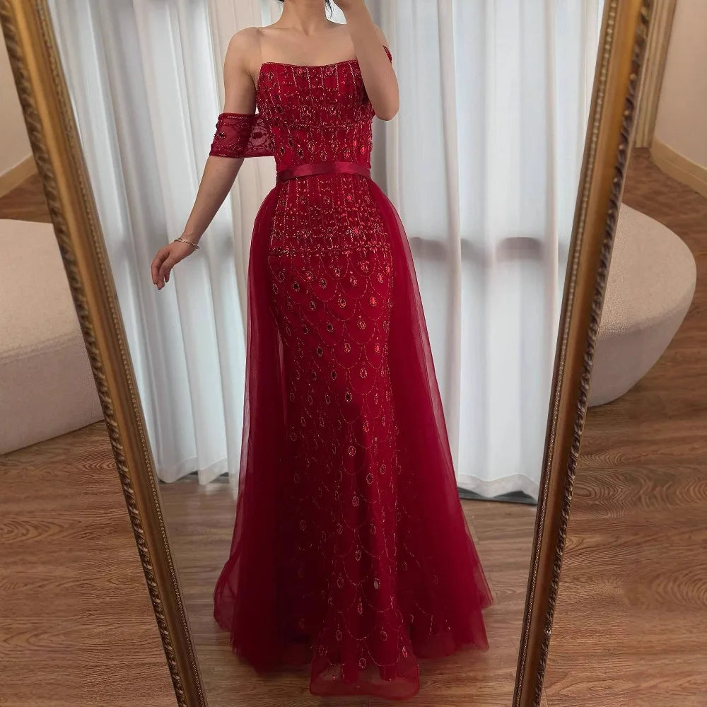 Serene Hill Customized 2026 Red Off Shoulder Mermaid Beaded Overskirt Evening Dress Wedding Party Gowns for Women DLA71922