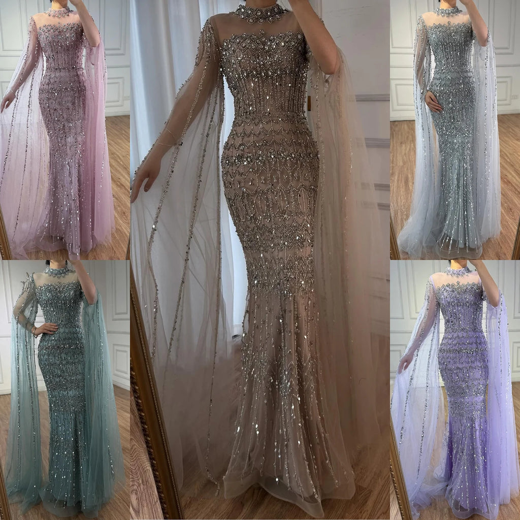 Serene Hill Dubai Blue Beaded Evening Dress with Cape Sleeves 2025 Formal Party Gowns for Women DLA72714A Customized