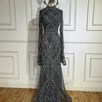 Serene Hill Customized Muslim Gray Mermaid Cape Sleeve Beaded Evening Dress Dubai Elegant Party Gowns 2025 for Women DLA72316
