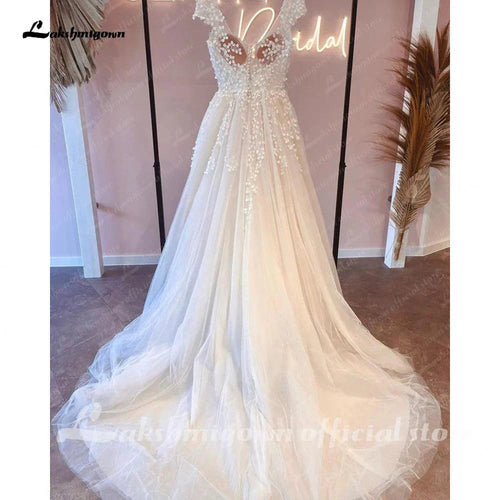 NumberSea Princess Robes de Mariée V-neck Manches Courtes 2025 Vestidos Civil Robe de Mariée Boho Boutons Dos Illusion