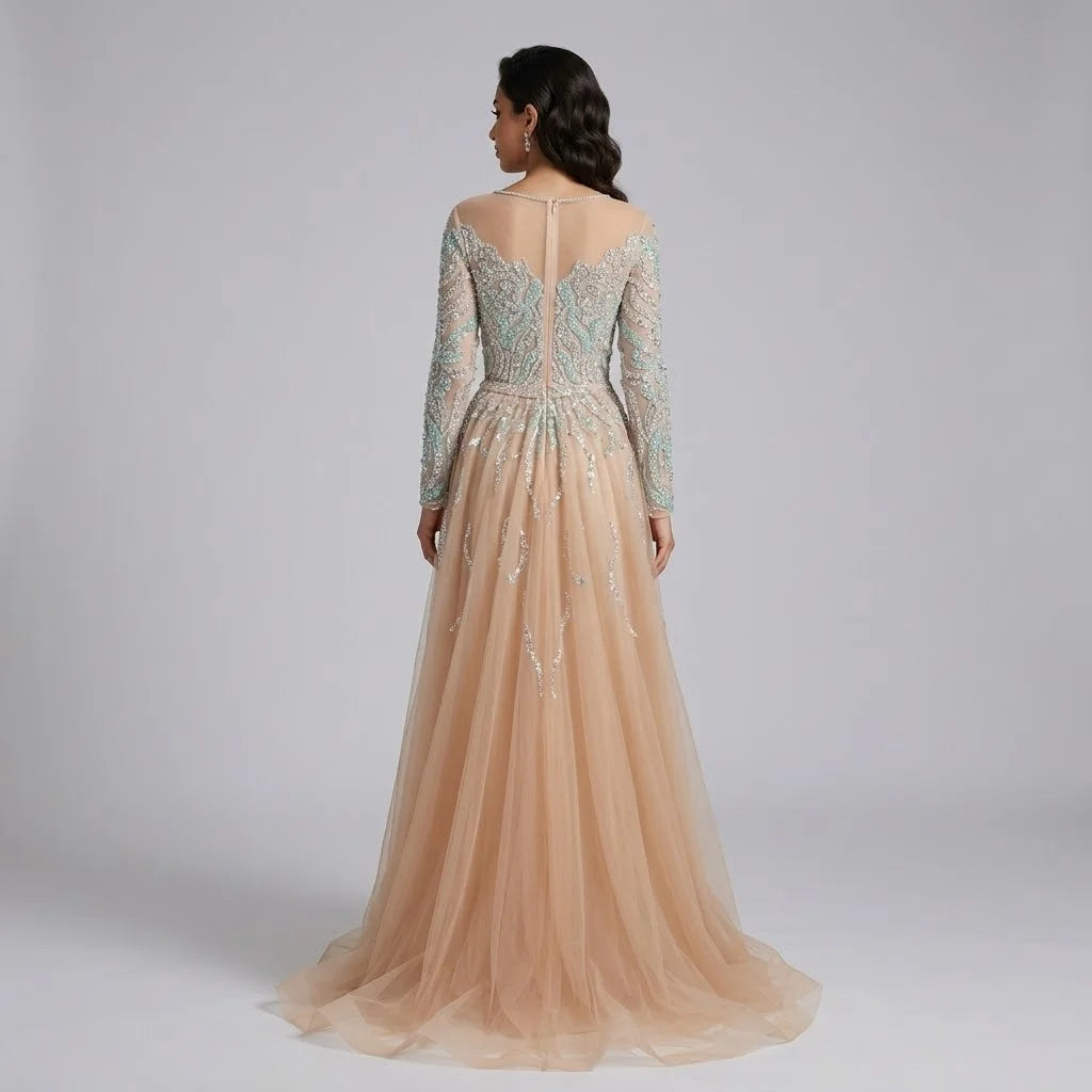 Serene Hill Nude Mermaid Long Sleeve Evening Dress with Overskirt Luxury Beaded Wedding Party Gown for Women Customized DLA71995
