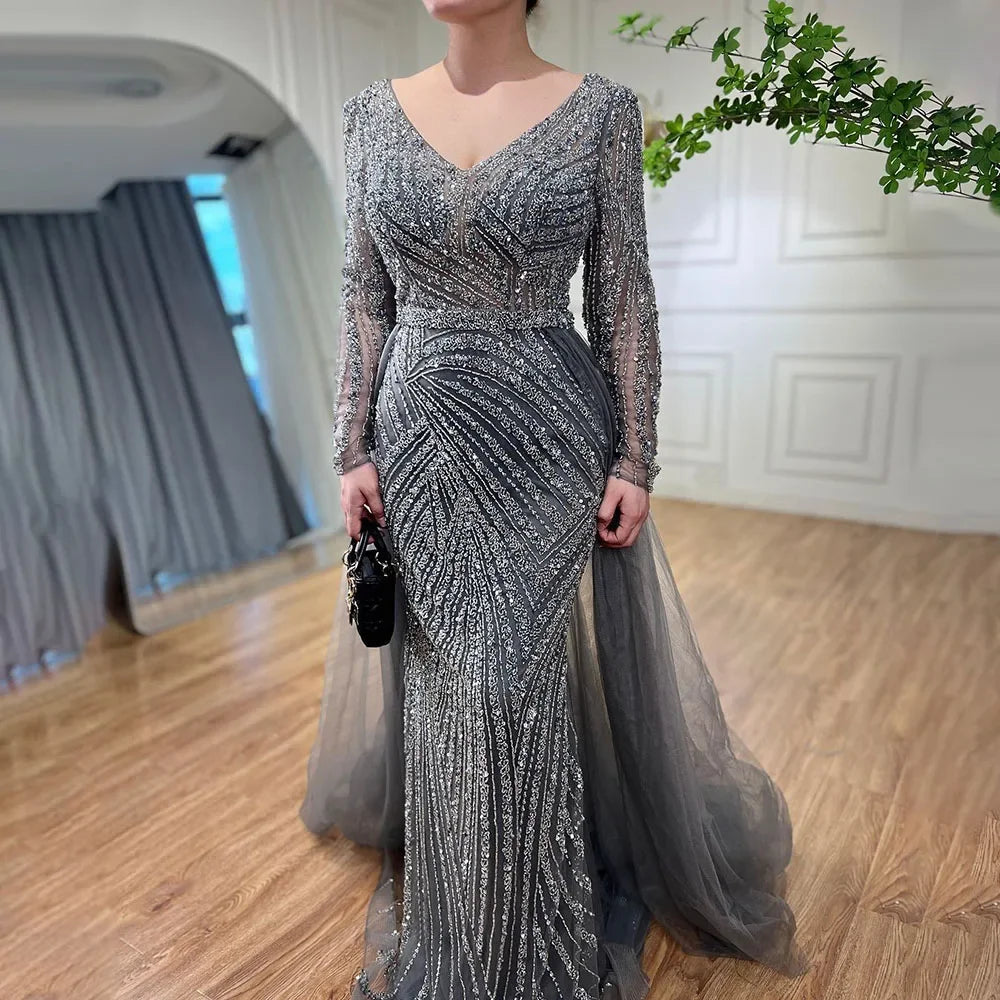 Nightbubo Customized Blue Grey V-Neck Mermaid Beaded Overskirt Evening Dresses Elegant Party Gowns For Women DLA71750