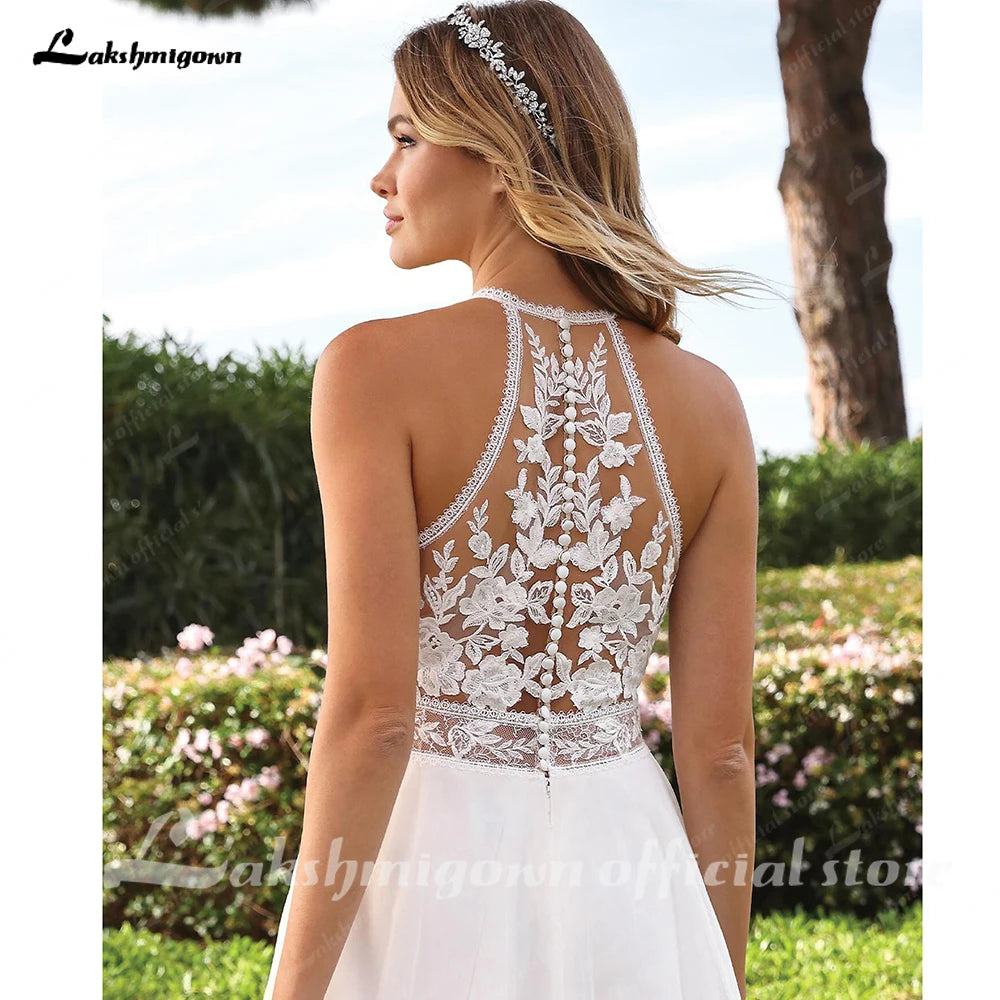 Lakshmigown Halter Neck Tulle Wedding Dresses Sexy Sleeveless Bridal Gowns with Sweep Train and Button Back Customized