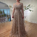 Serene Hill Customized Turquoise Muslim Long Sleeve A Line V-Neck Evening Dresses Beaded Party Gowns For Women 2025 DLA71940