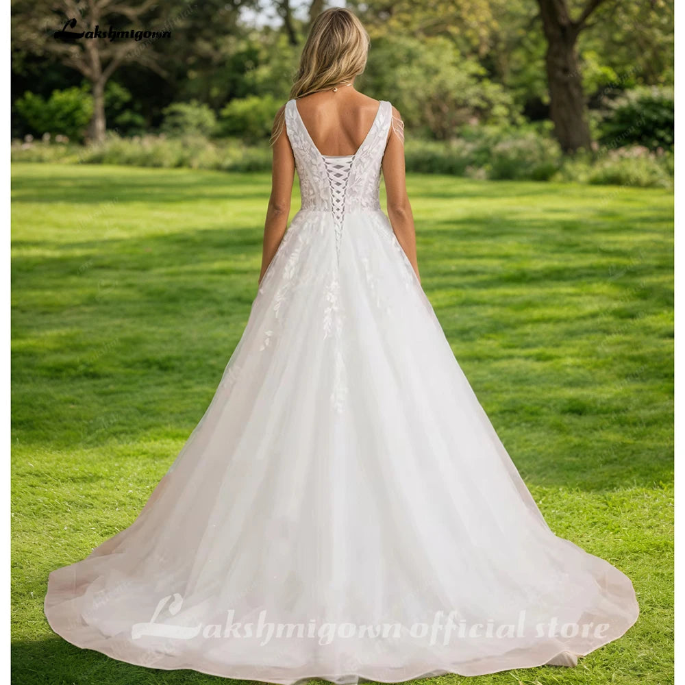 Lakshmigown V-Neck Wedding Dress with Beads Tassel Shoulders Illusion Long Bridal Dresses Lace Up Back Customized