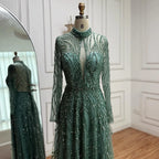 Serene Hill Customized Elegant Turquoise A Line Evening Dress with High Neck Beaded Design for Women Formal Party Gown DLA71682A