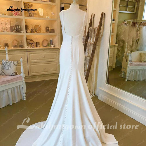 NumberSea Robe de mariée sirène/trumpet boho sexy à encolure échancrée en satin doux avec bretelles spaghetti et illusion