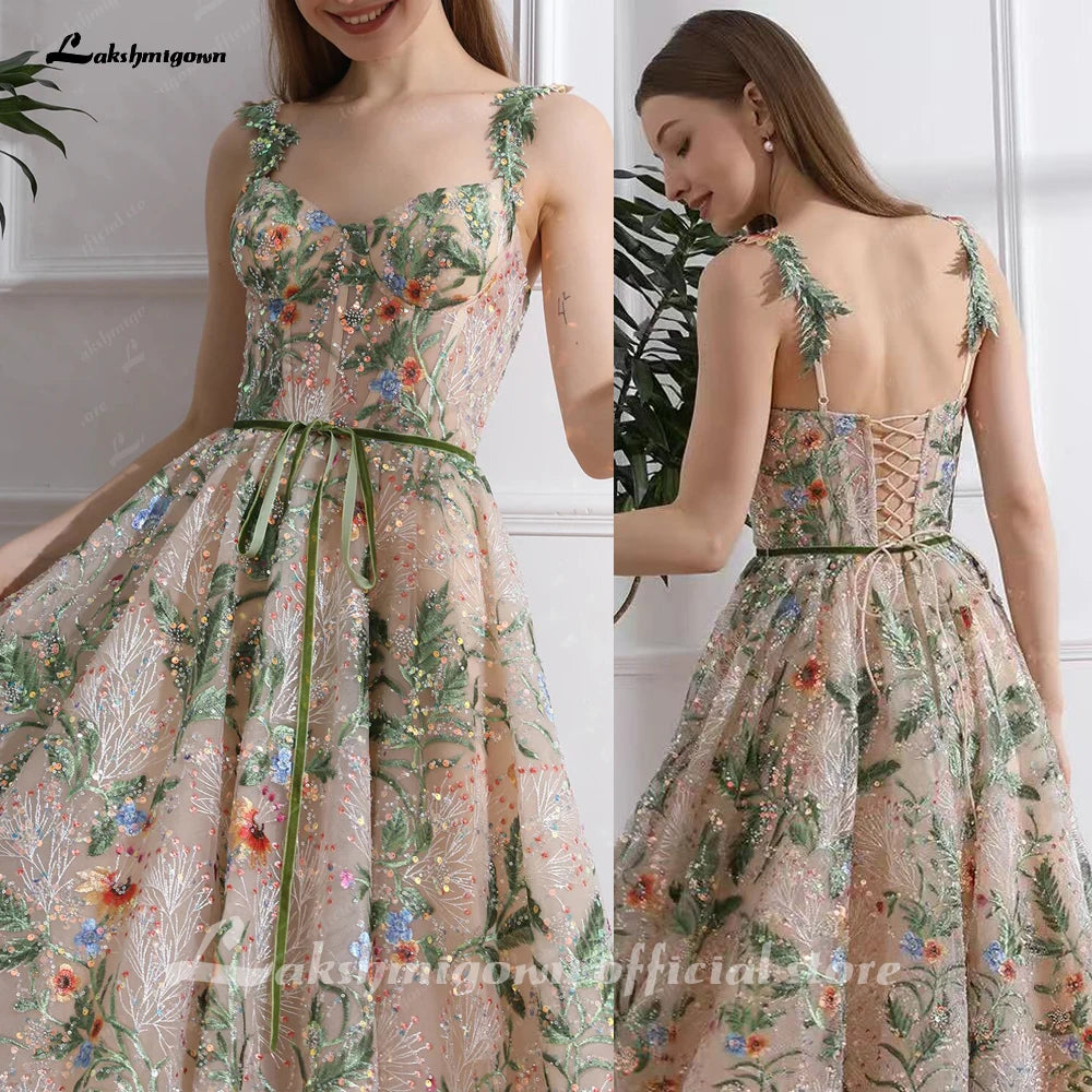 Lakshmigown Bling V-Neck Glitter Floral Embroidery Lace Wedding Dress Transparent Greey Sequins Lace Customized