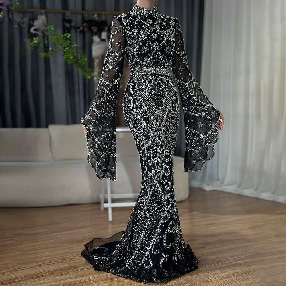 Serene Hill Customized Muslim Gray Mermaid Cape Sleeve Beaded Evening Dress Dubai Elegant Party Gowns 2025 for Women DLA72316