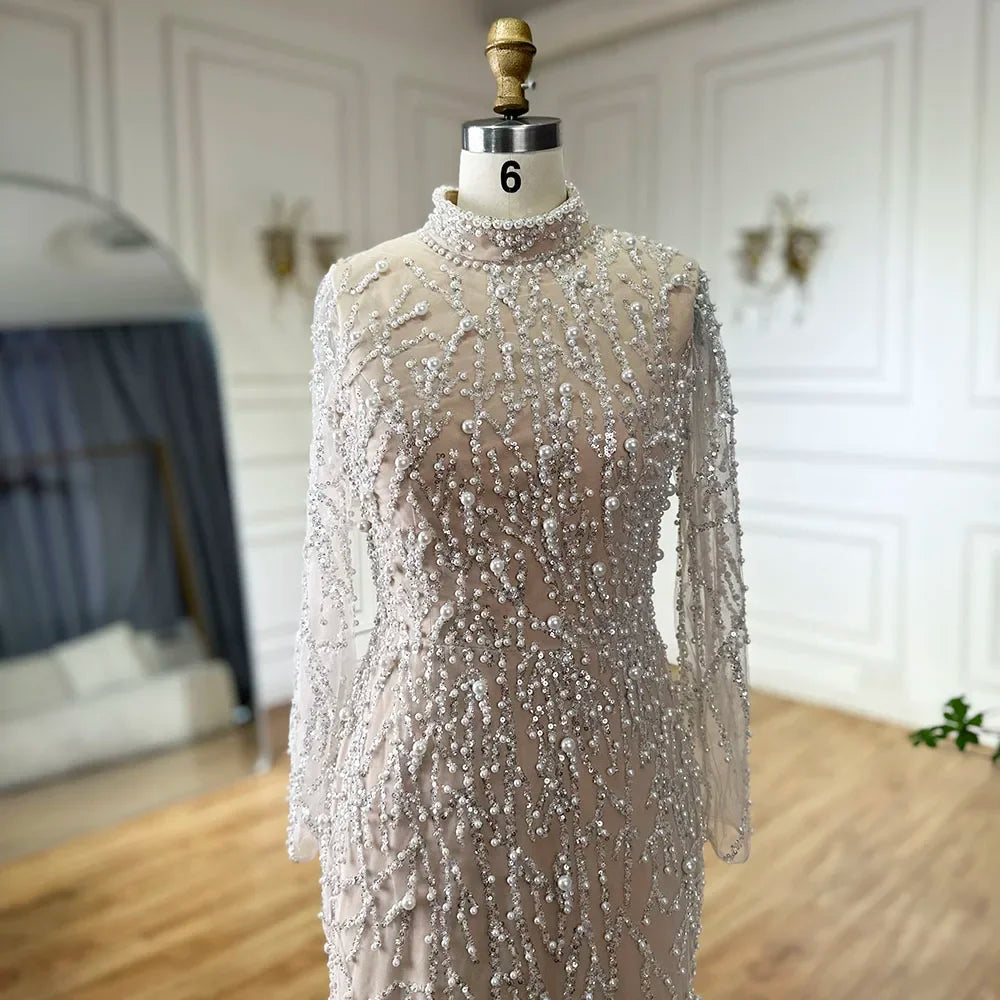 Serene Hill 2025 Luxury Saudi Arabic Pearls Beaded Nude Mermaid Evening Dresses For Wedding Occasion DLA72345A Customized