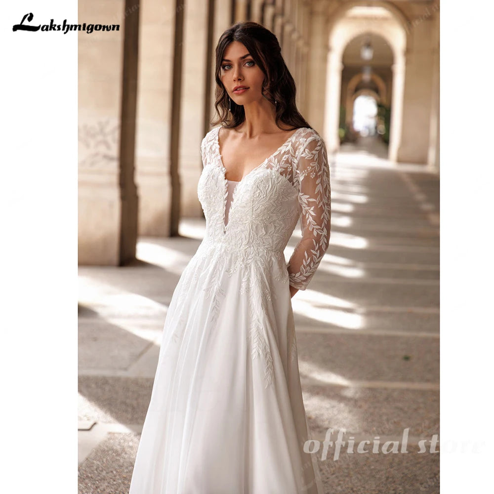 Lakshmigown Beach Wedding Dresses with V-Neck A-Line Lace Bridal Gowns Vestito Donna Sexy Chiffon Boho Bridal Gowns Customized