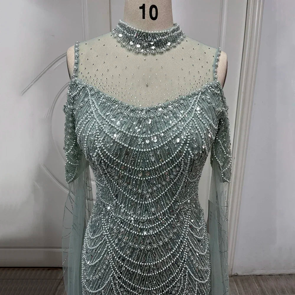 Serene Hill Dubai Purple Mermaid Cape Sleeves Beaded Long Evening Dress 2025 For Formal Occasion DLA71992 Customized