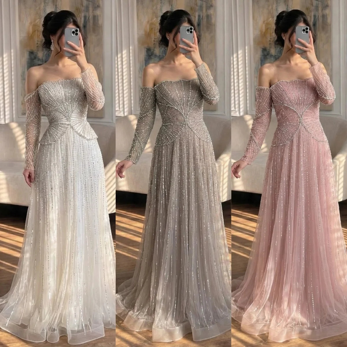 Serene Hill Customized Off Shoulder Long Sleeves A-line Prom Dress for Women Formal Wedding Party Evening Gowns DLA73333