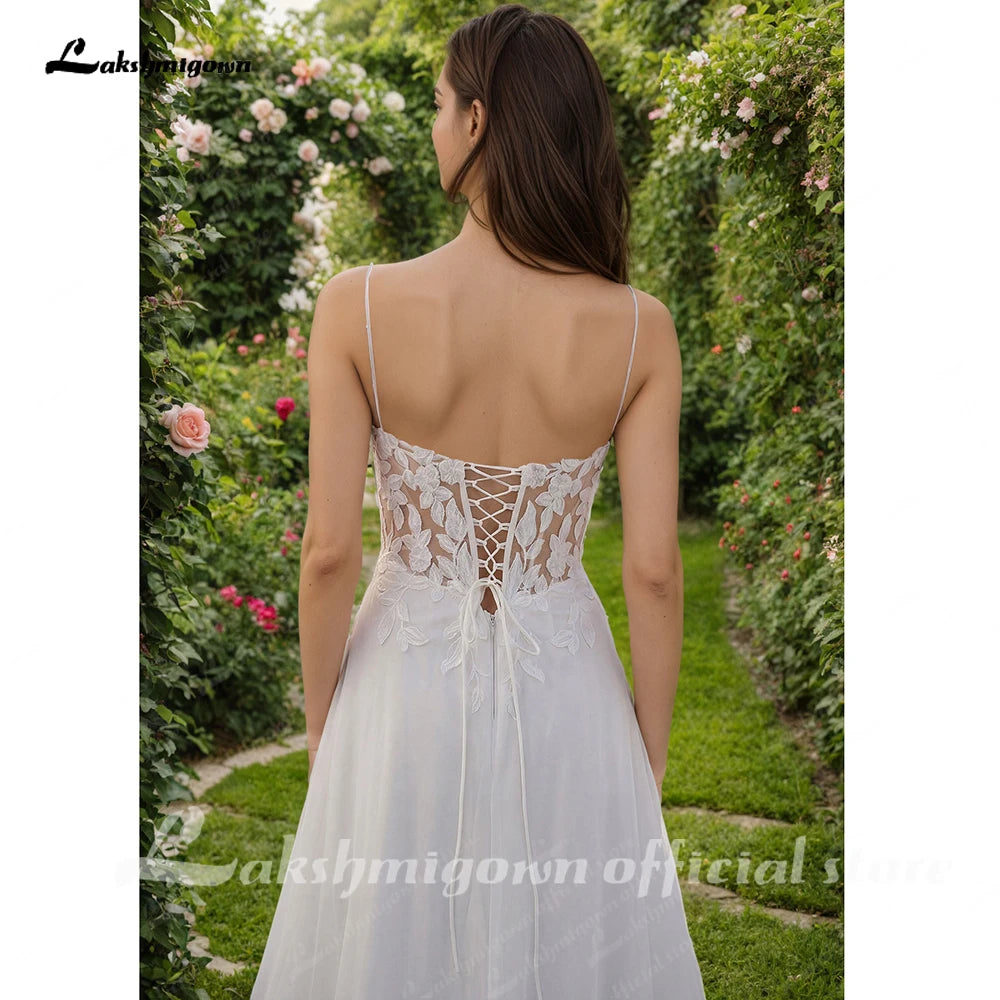 Lakshmigown Boho Beach Wedding Dress Customized Sexy Spaghetti Straps V Neck Lace Applique Boho Bridal Gown Vestido De Noiva
