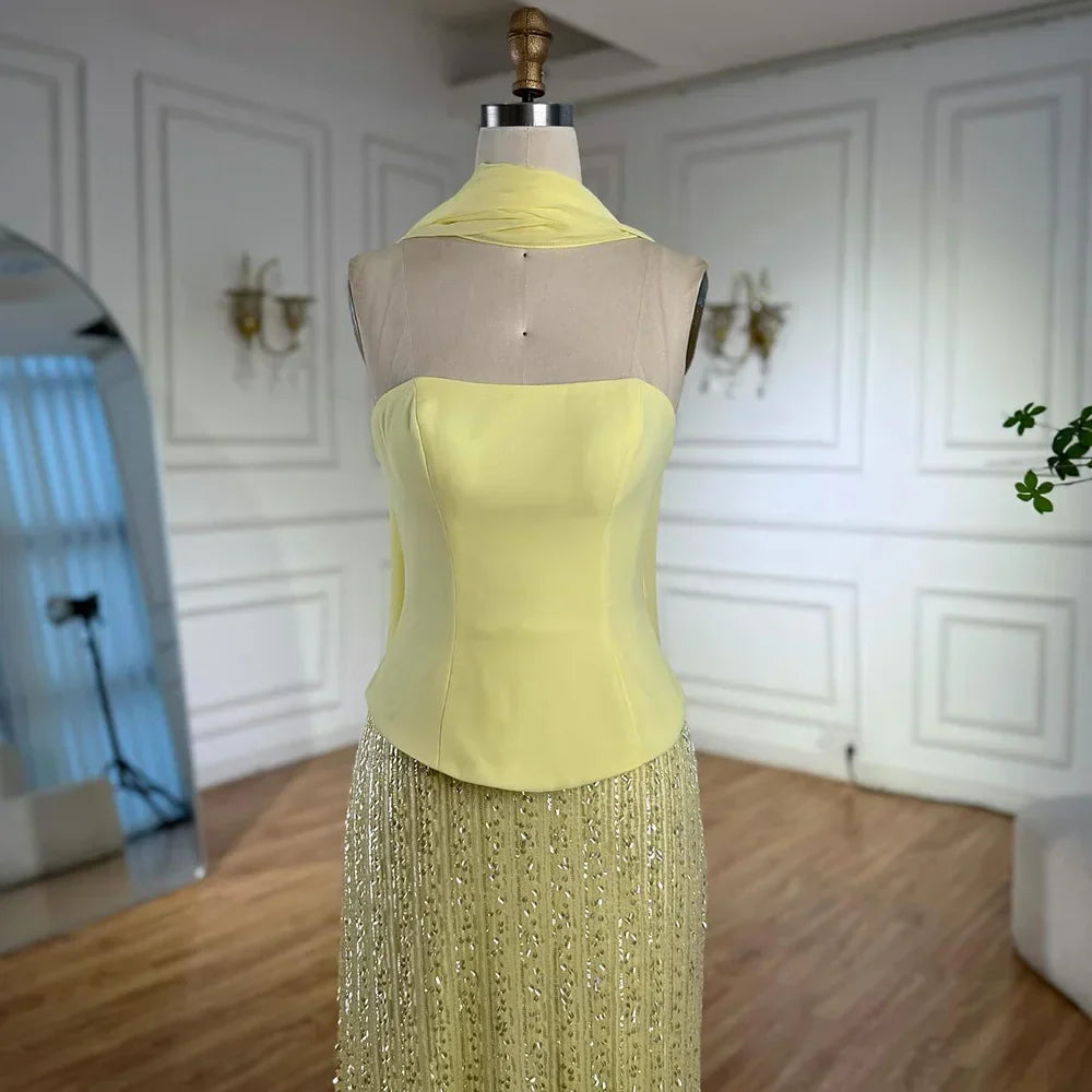 Vestido de Noite de Sereia em Chiffão Amarelo de Luxo com Capa LA73007