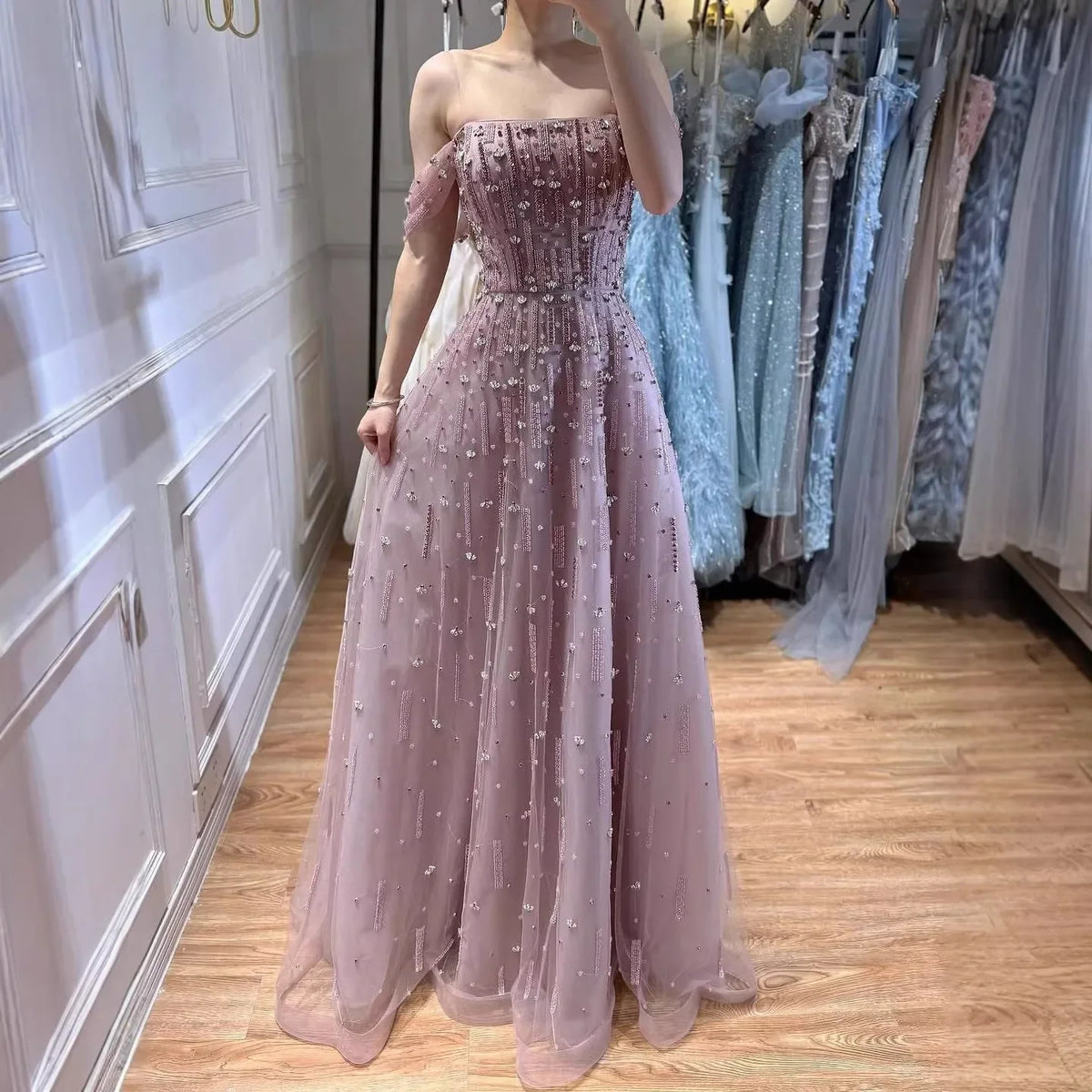 Caramel A-Line Beaded Evening Gown Off Shoulder Formal Party Prom Dress Robe de Soirée 2026 Customized | Nightbubo