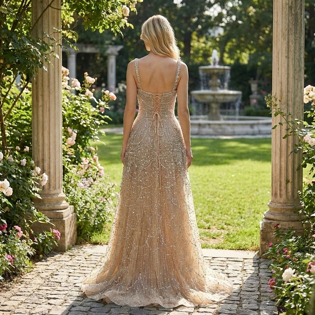 Serene Hill Customized Nude Prom Dress Spaghetti Strap Lace-up Back Evening Gown Crystal Beaded Party Gwons for Women DLA72983A