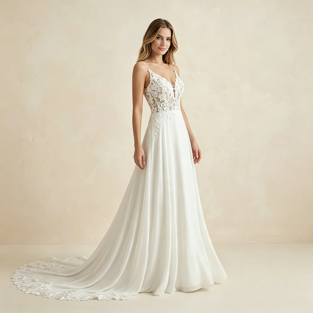 Women's Spaghetti Straps Deep V Backless Wedding Dresses Lace Appliques Chiffon Bridal Gown with Train Elegant Boho Bride Dress