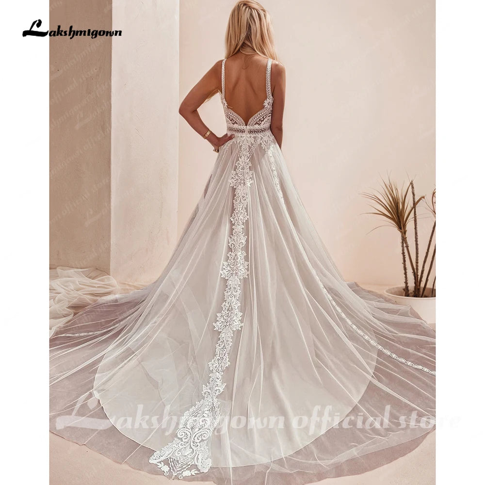 Lakshmigown Plunging V Bohemian Wedding Dress Customized Vestido Noiva Summer A Line Boho Wedding Gown V Neck Lace Open Back