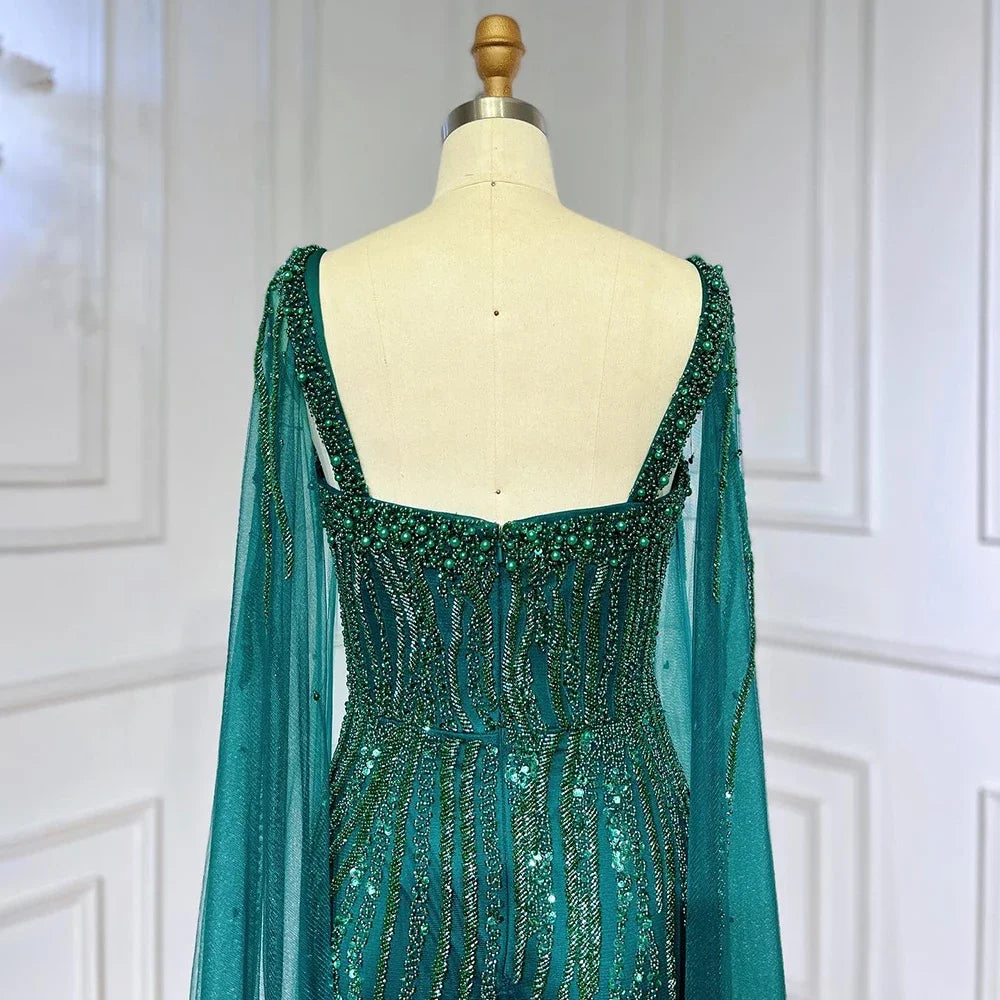 Serene Hill Blue Mermaid Beaded Evening Dresses with Cape Sleeves Wedding Party Gowns for Women DLA71715 Customized