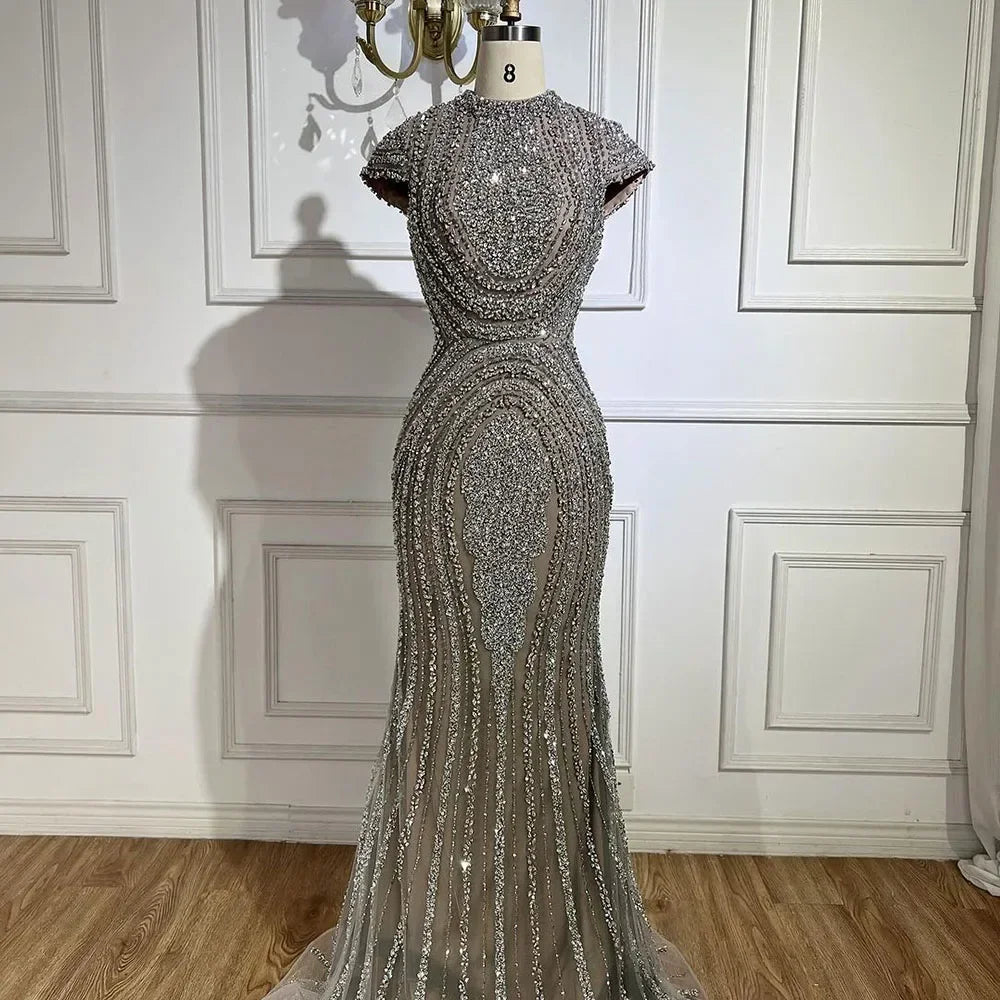 Serene Hill Gray Nude Cap Sleeves Mermaid Beaded Luxury Evening Dresses Formal Party Gowns for Women DLA72344 Customized
