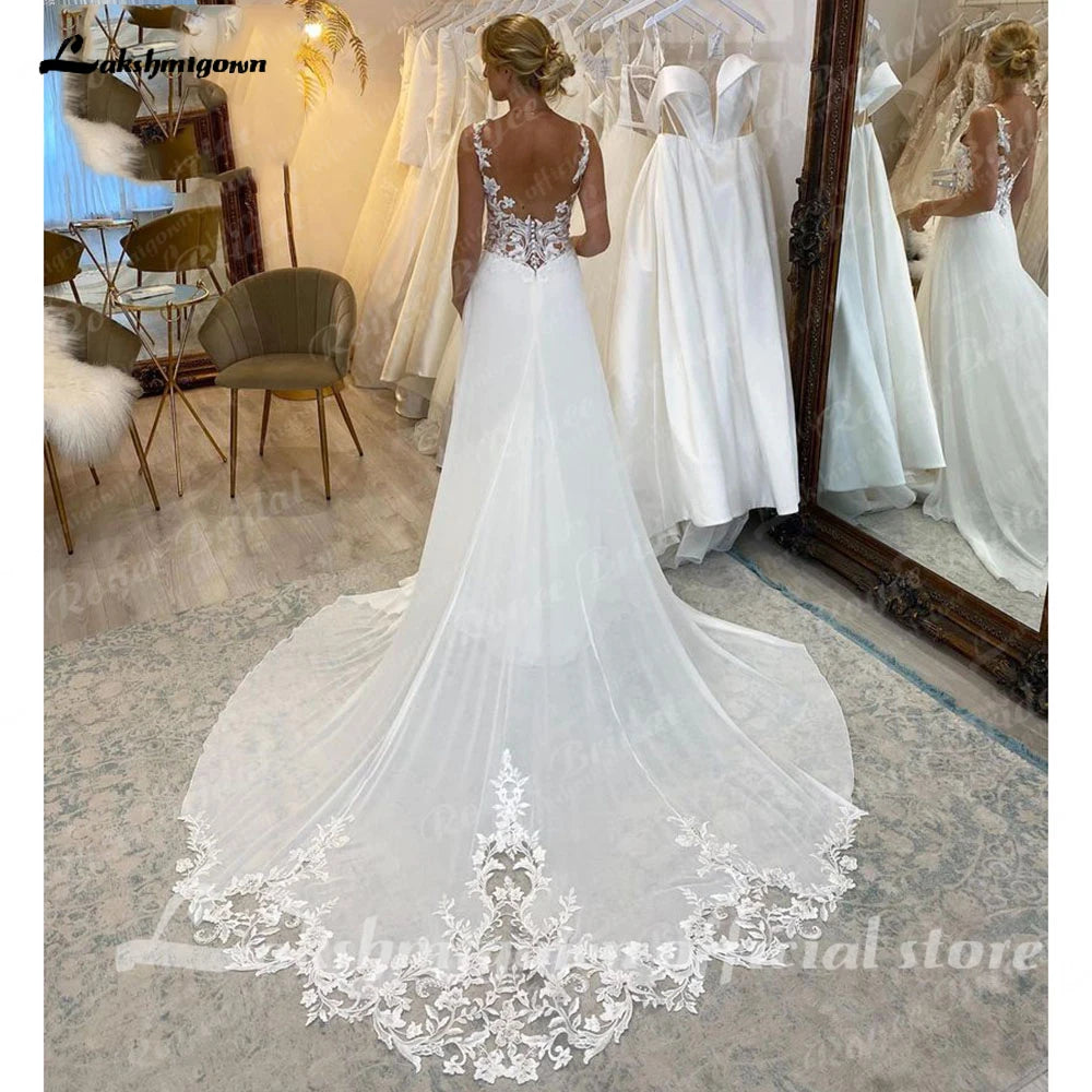 Lakshmigown A-Line Split Chiffon Illusion Bodice Customized Beach Wedding Dresses for Women Appliques Summer Boho Bride Dress