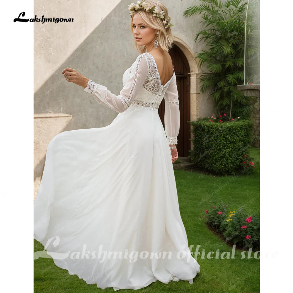 Lakshmigown Vestidos Puffy Chiffon Long Sleeve Boho Wedding Dress for Women 2026 Plus Size Bridal Beach Wedding Gowns Customized
