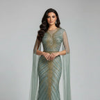Serene Hill Luxury Beaded Mermaid Evening Dresses with Cape Sleeves Caramel Formal Party Gown for Women Customized DLA72940