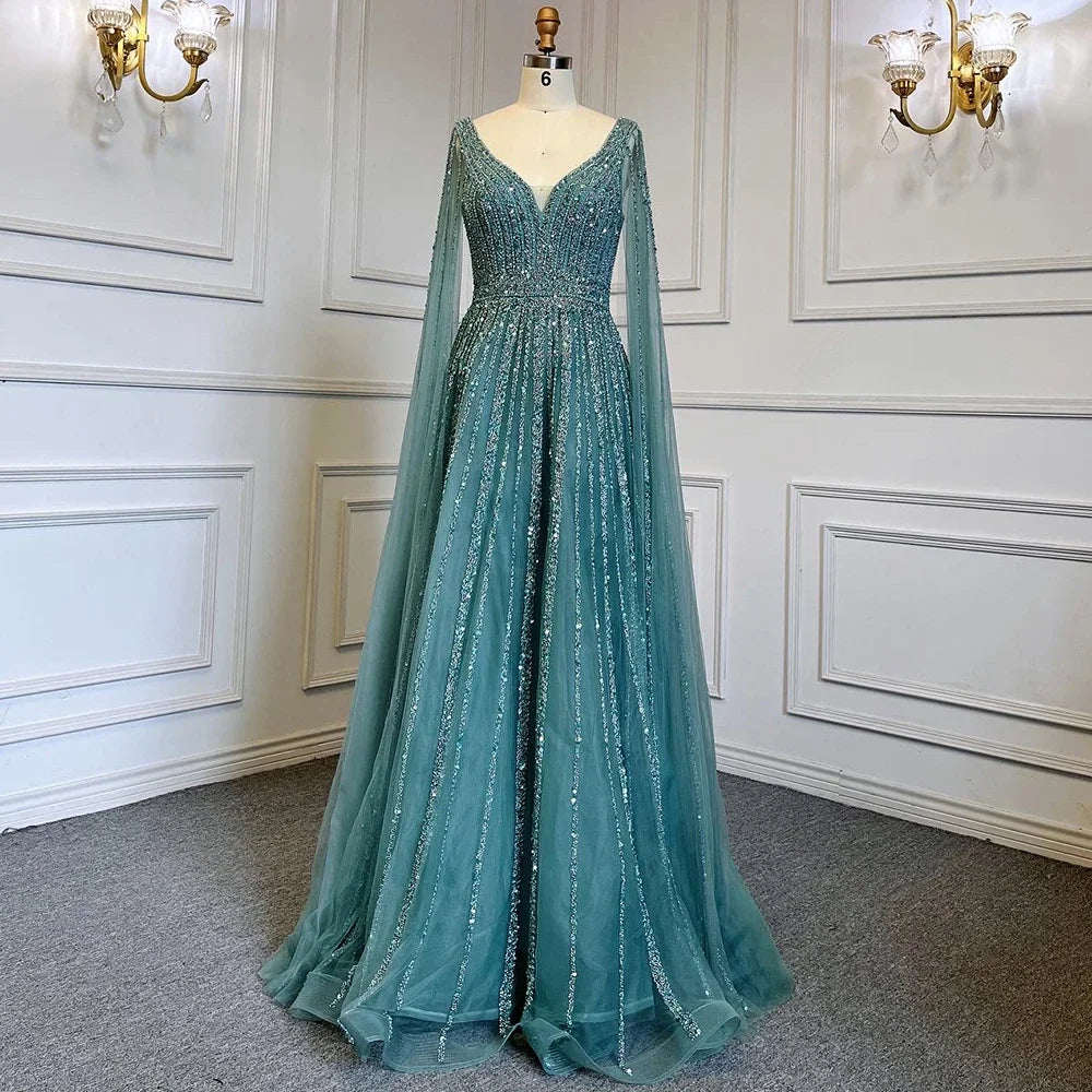 Serene Hill Customized Pink A-Line Cape Sleeves Luxury Beaded Evening Dresses Party Gowns 2025 For Women Wedding DLA71567