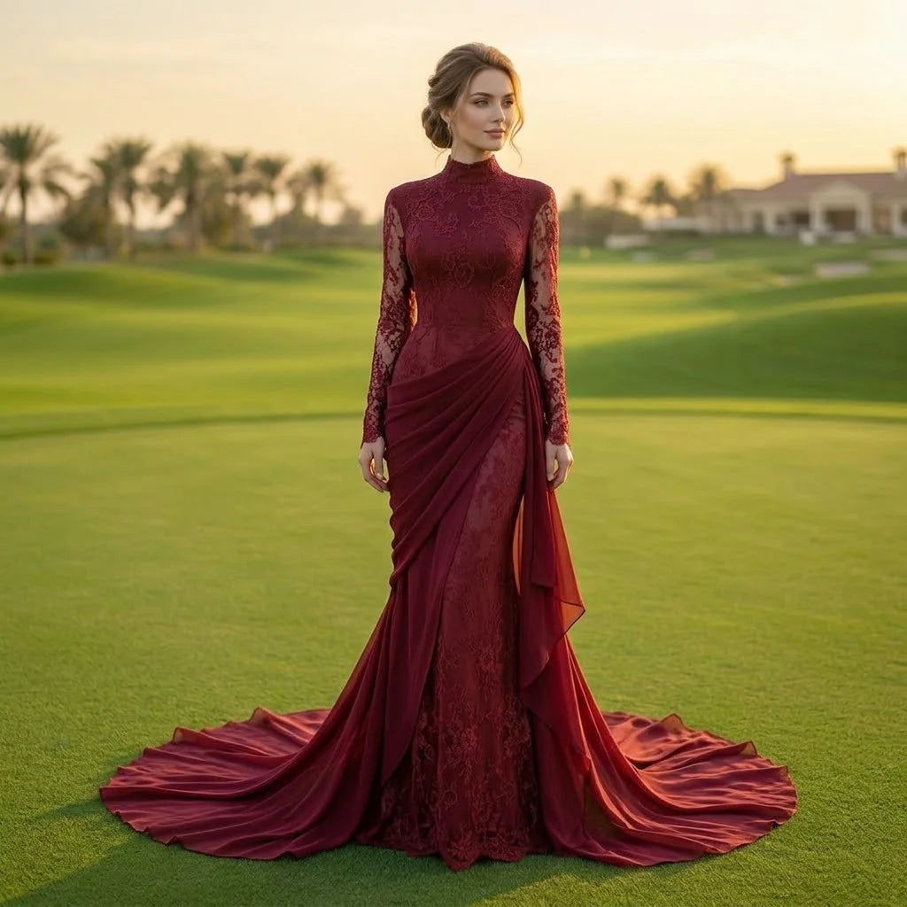 Serene Hill Customized Wine Red Mermaid Evening Dresses with Wrap Skirt High-End Lace Formal Party Gowns for Women DLA73407