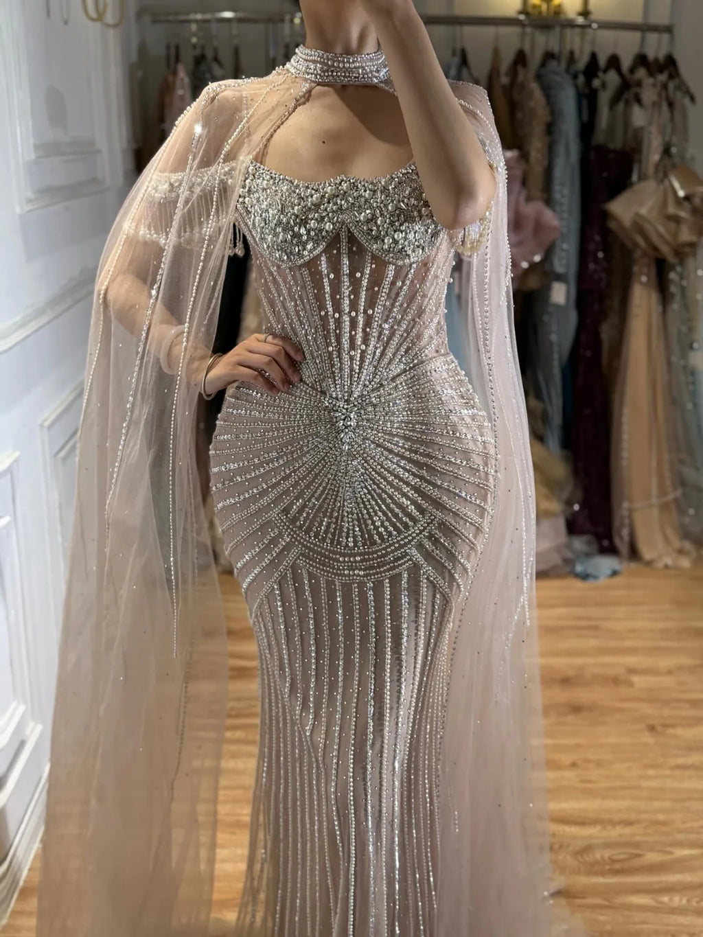 Serene Hill Caramel Pearl Beaded Illusion Mermaid Evening Gown 2026 Party Dresses with Sheer Cape DLA73148C Customized
