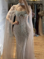 Serene Hill Caramel Pearl Beaded Illusion Mermaid Evening Gown 2026 Party Dresses with Sheer Cape DLA73148C Customized