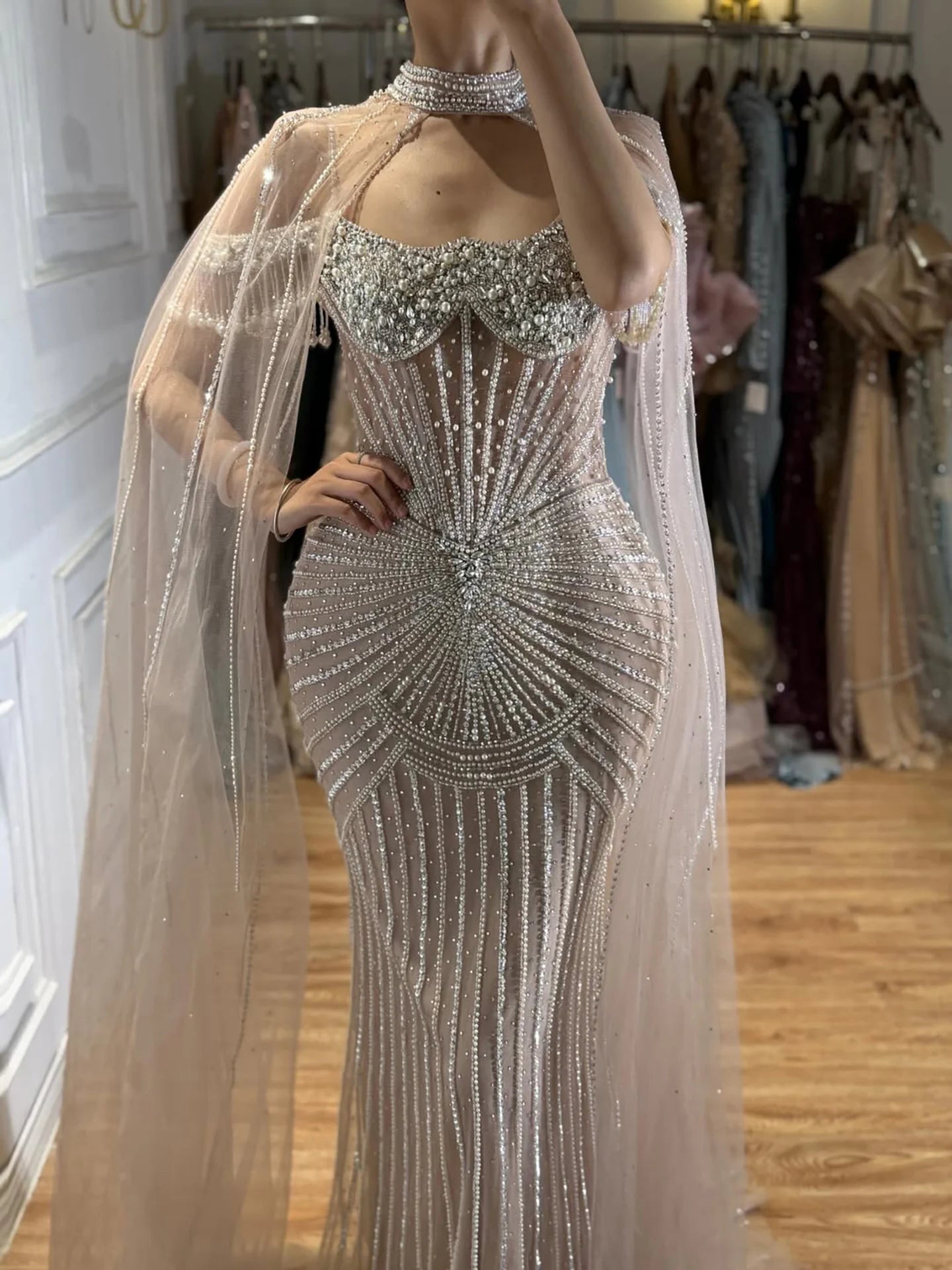 Serene Hill Caramel Pearl Beaded Illusion Mermaid Evening Gown 2026 Party Dresses with Sheer Cape DLA73148C Customized