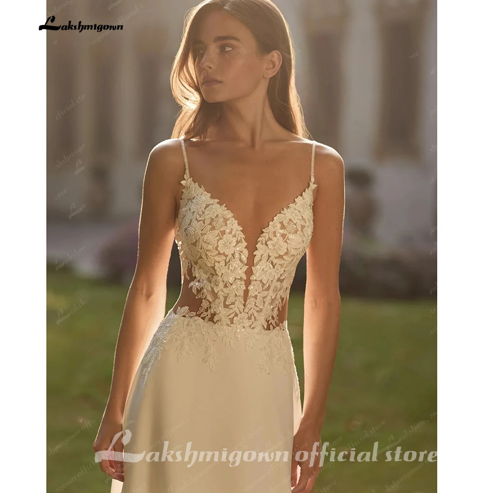 Lakshmigown Bohemian Wedding Dress A Line with Detachable Cape Boho Lace V Neck Crepe Open Back Bridal Dresses Woman Customized